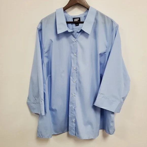 Lands End Womens Wrinkle Free 3/4 Sleeve Button Up Top Size 32W Blue Office - Picture 1 of 11